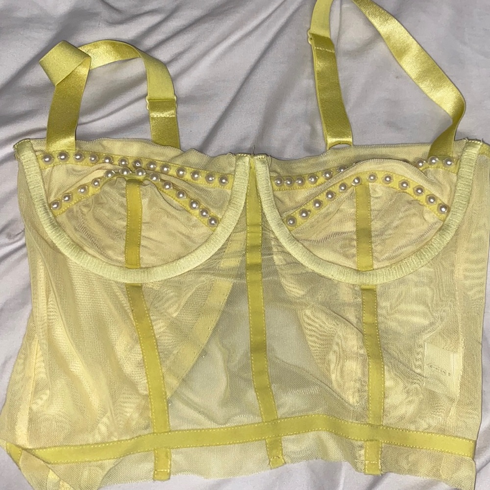 Danielle Guizio: Pearl Zita Mesh Corset Yellow Top